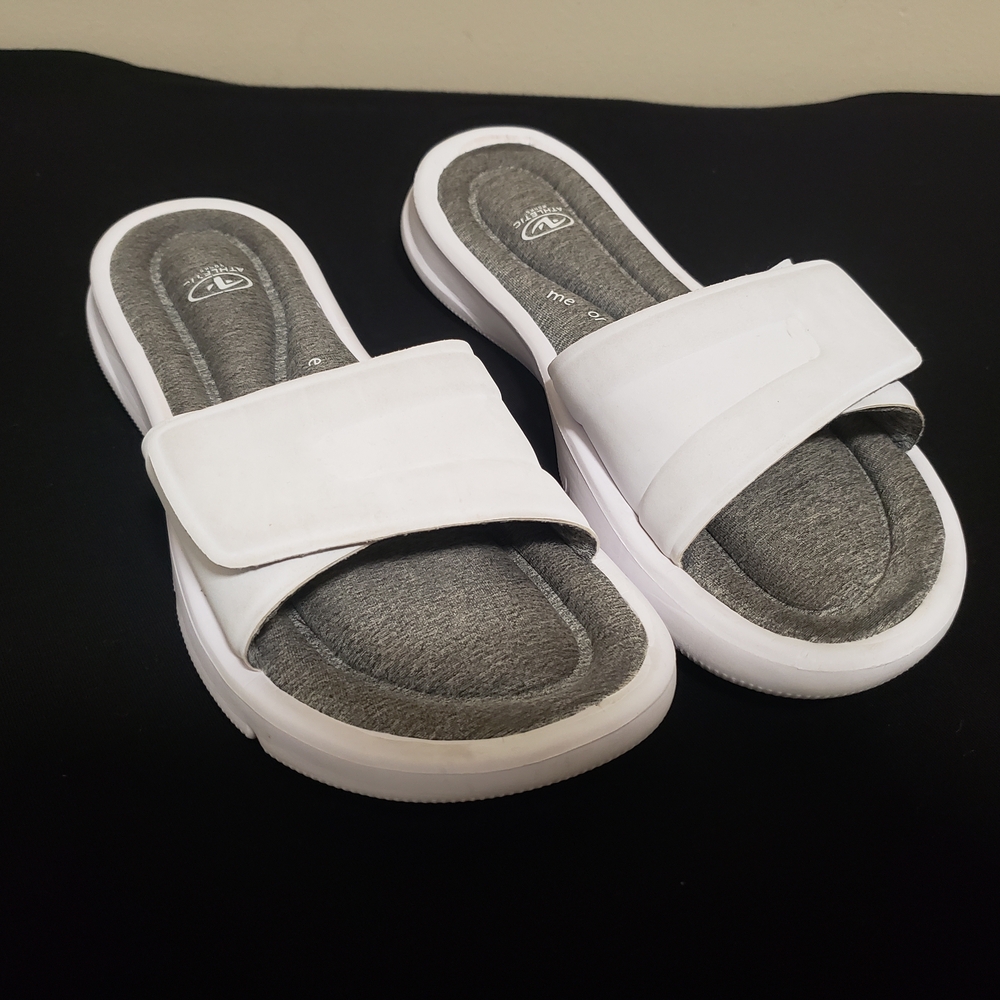 Athletic Works White Slide Sandals with Gray Cushioned Footbed